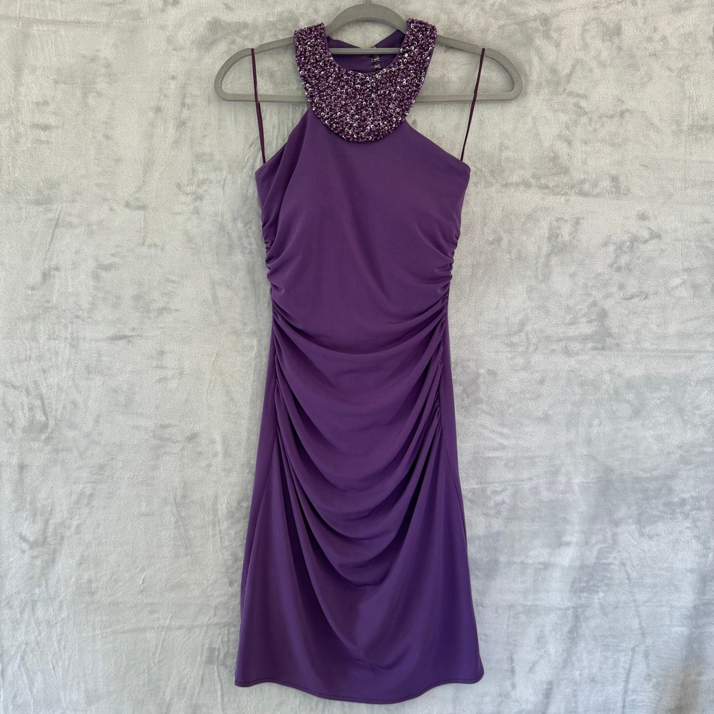 JS Boutique Purple Beaded Halter Ruched Bodycon Cocktail Dress Size 2 Party‎ Y2K